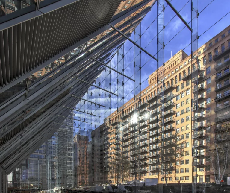 Glass wall in the lobby of 150 North Riverside.