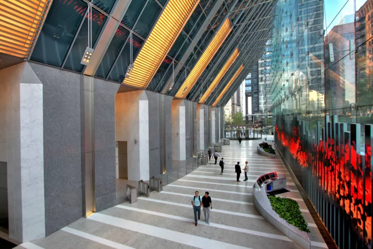 150 North Riverside's lobby created by a transparent curtain of glass.