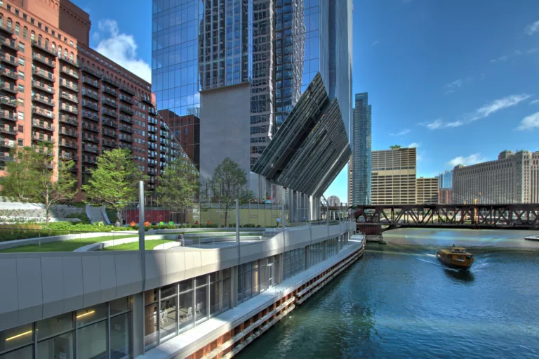 150 North Riverside's lower-level plaza adjacent to the Chicago River