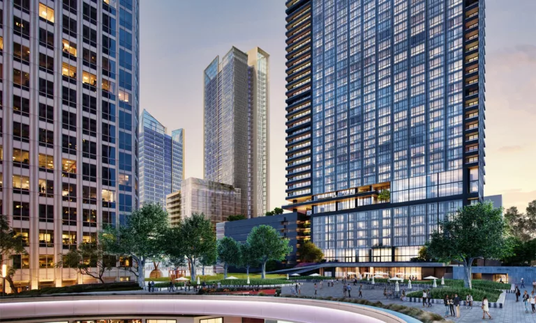 Exterior rendering of the 57-story Beaudry featuring a populated open plaza with surrounding trees and green space, as well as nearby high-rise buildings