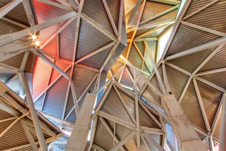 Looking up toward the intricate roof structure above the lobby at the  Panama Museum of Biodiversity