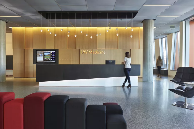 Interior daylight lobby view inside the seven-story research facility at UW Medicine's Lake Union campus (Phase 3.1)