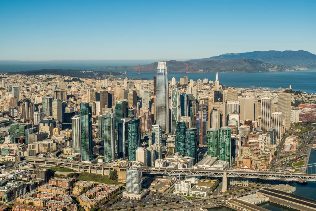 Aerial daylight view of the 61-story Salesforce Tower in downtown San Francisco