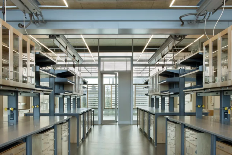 Interior daylight view of a lab station inside the four-story WSU Veterinary Medical Research Building