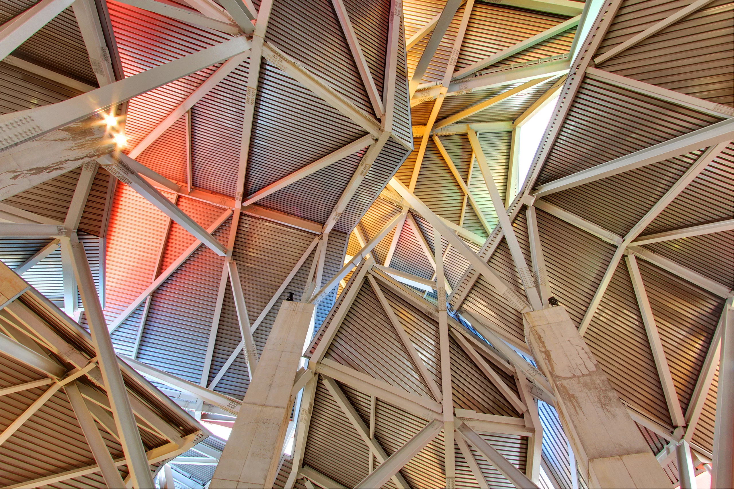 Looking up toward the intricate roof structure above the lobby at the Panama Museum of Biodiversity