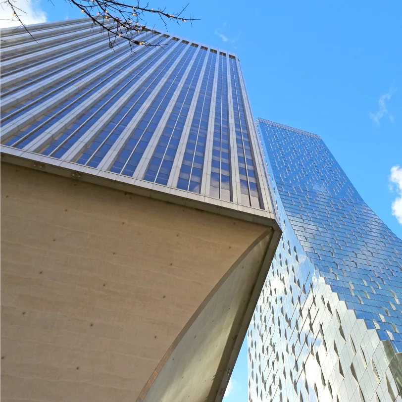 Looking up at Rainier Tower, home to MKA's headquarters, with Rainier Square in the background