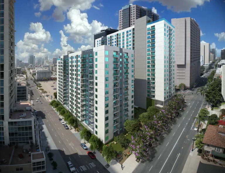 Daylight rendering of The Rey's two 21-story hillside towers bordered on two sides by tree-lined sidewalks and surrounded by downtown San Diego skyscrapers in the distance