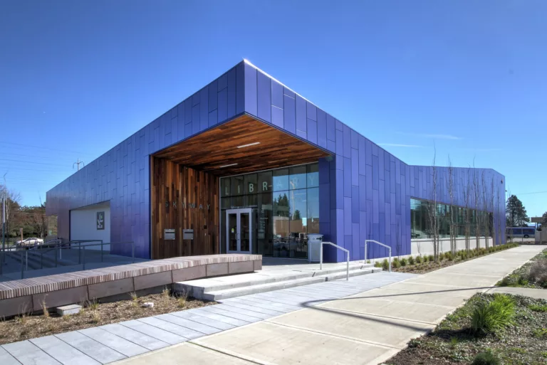 Exterior daylight view of the unique and sculpturally shaped Skyway Library featuring a deep blue aluminum "skin," an entrance with 20-foot-high windows, and a large outdoor plaza with bench seating and sidewalk landscaping