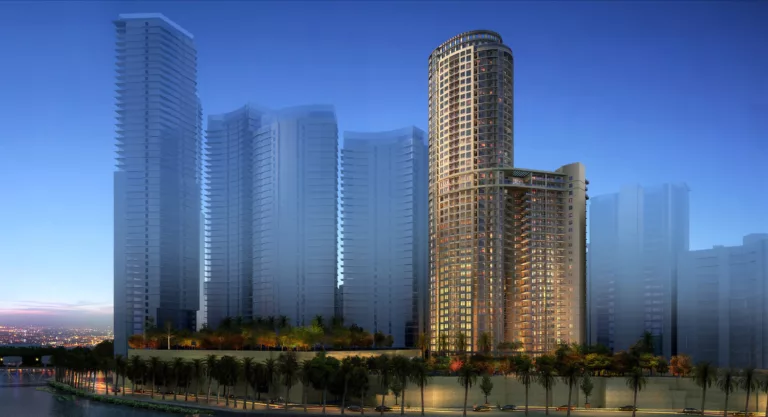 Exterior twilight rendering of the 25- and 41-story Avila Towers connected by skybridges with a tree-lined roadway in the foreground