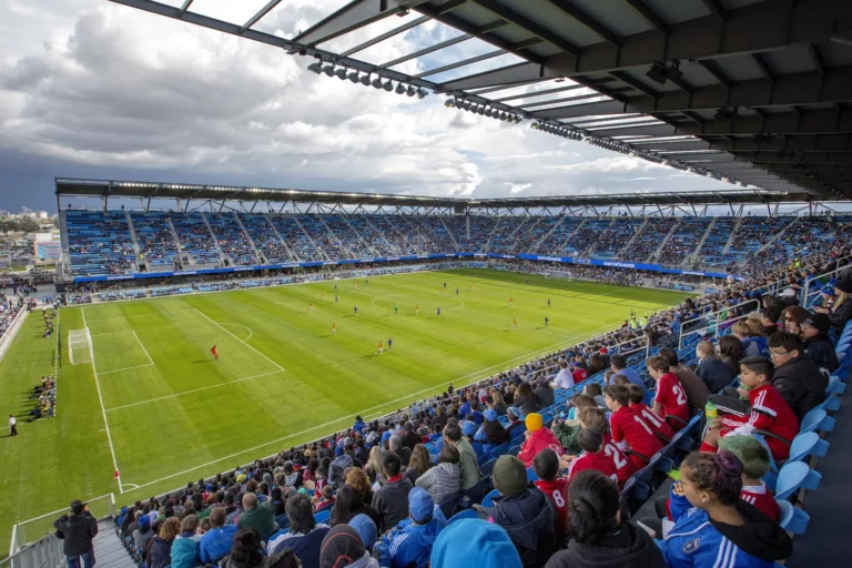 Exterior daylight image of PayPal Park’s fan-filled upper stands with views of two Major League Soccer teams competing on the field