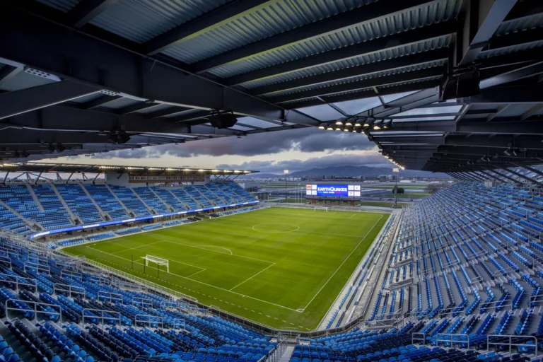 Exterior twilight view from PayPal Park’s upper stands with views of the Major League Soccer pitch below