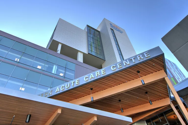 Exterior daylight view looking up at the eight-story BC Children’s Hospital TECK Acute Care Centre