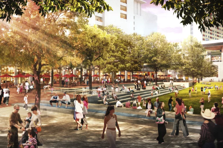 Daylight rendering of people enjoying the water features, covered seating areas, and pathways at the tree-filled Hemisfair Civic Park