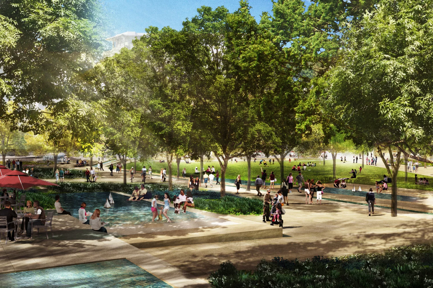 Daylight rendering of people enjoying the water features, covered seating areas, and pathways at the tree-filled Hemisfair Civic Park