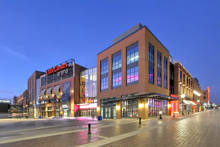 Exterior twilight view of Little Caesars Arena’s Chevrolet Plaza