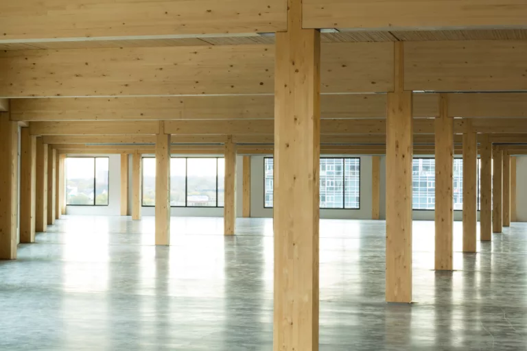 Interior daylight view of the heavy-timber beams and columns supporting T3 Minneapolis