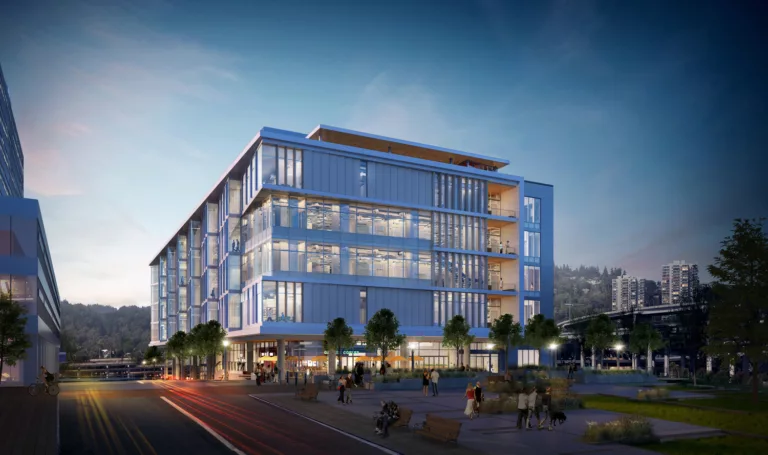 Exterior twilight rendering of the seven-story Oregon Health & Science University Knight Cancer Research Building with street-level retail space and a central plaza