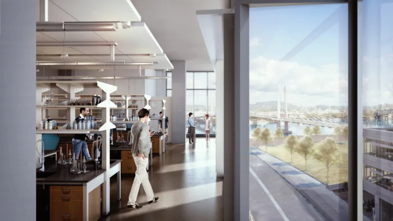 Interior daylight rendering of a lab station inside the seven-story Oregon Health & Science University Knight Cancer Research Building