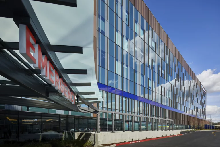 Exterior daylight view of the Emergency entrance to the five-story Overlake Medical Center Expansion