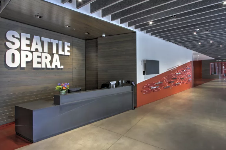 Interior view of the Seattle Opera Expansion's lobby and reception desk