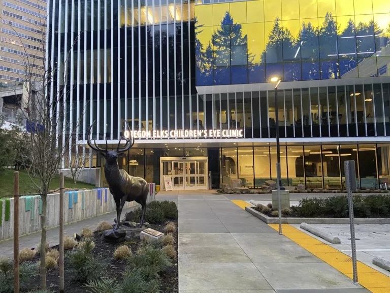 Exterior daylight entry to the five-story Oregon Health & Science University Elks Children’s Eye Clinic Expansion