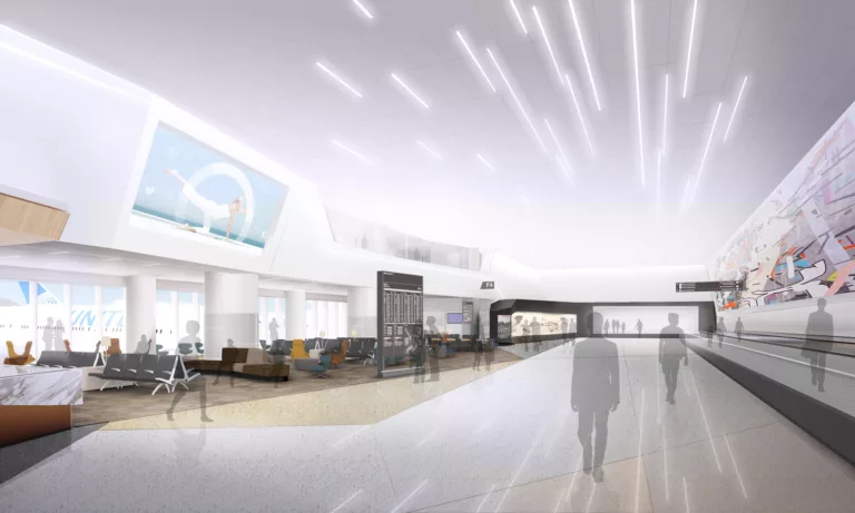 Interior rendering of a moving walkway inside San Francisco International Airport's modernized Terminal 3 West concourse