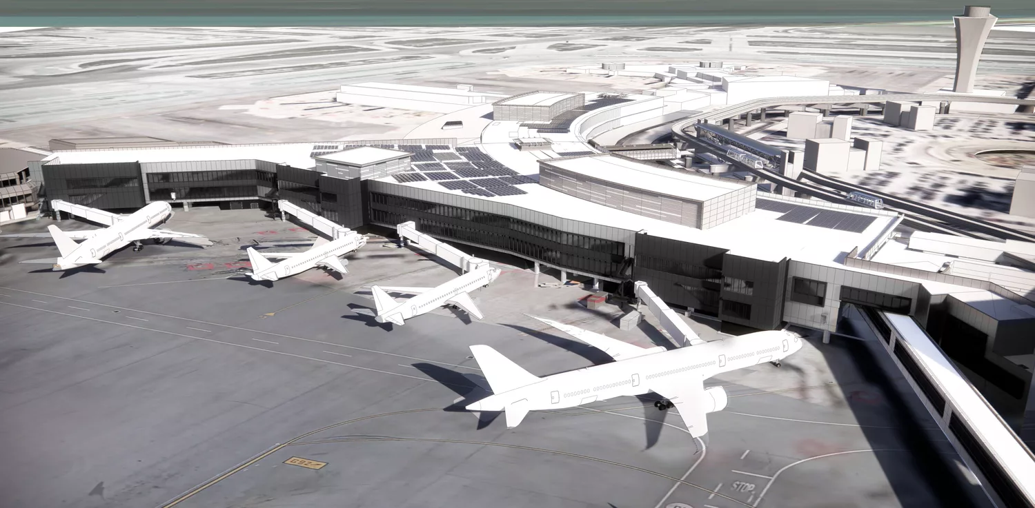 Aerial daylight rendering of San Francisco International Airport's modernized Terminal 3 West with four airplanes parked at gates on the landside facade