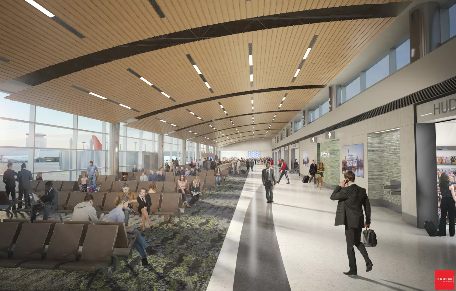 Interior daylight rendering of Nashville International Airport's Concourse D and Terminal Wings Expansion with views of retail shops, seated passengers, and tarmac views beyond