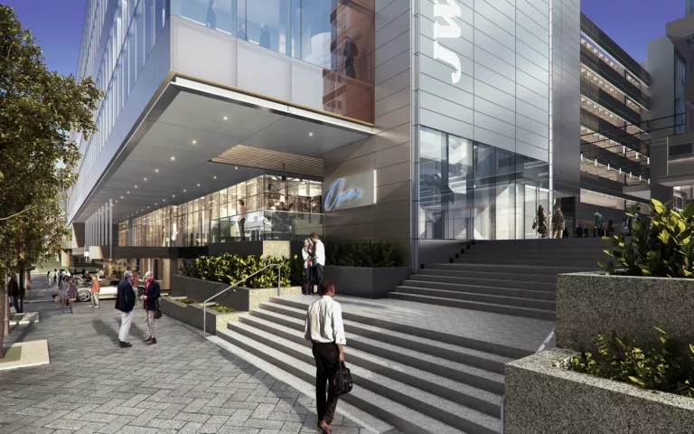 Exterior daylight rendering of the plaza steps outside the 22-story JW Marriott in downtown Charlotte with sidewalk pedestrian activity and views inside of gathering visitors