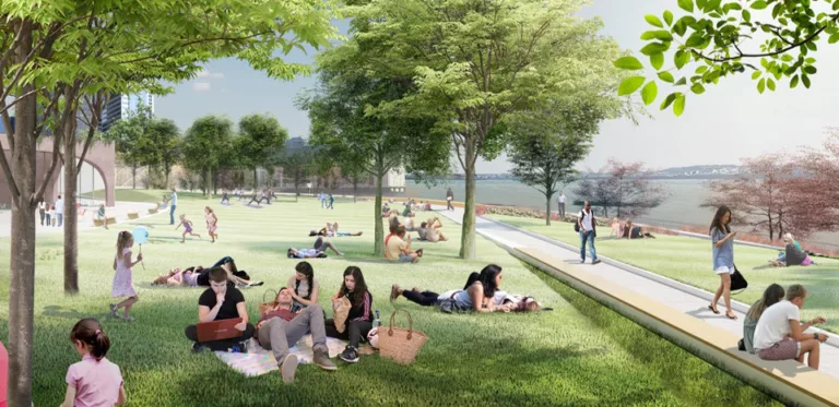 Daylight rendering of an open and well-populated lawn within the South Battery Park City Resiliency Project featuring trees, a pedestrian path, and the Hudson River