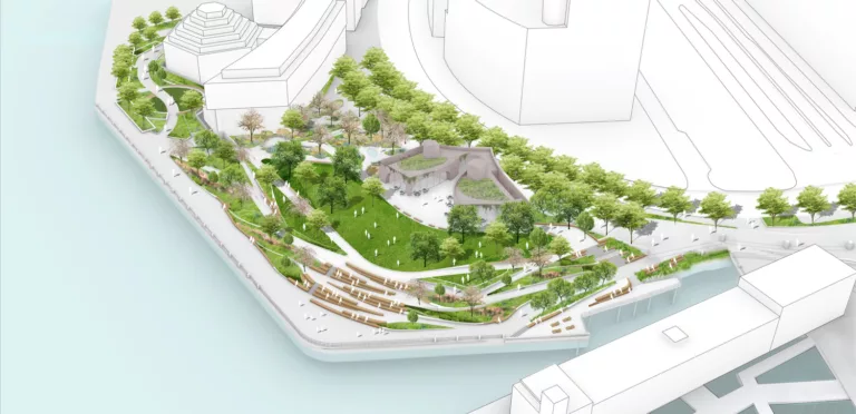 Aerial rendering of the South Battery Park City Resiliency Project featuring flood walls, rows of trees, lawns, and bench seating