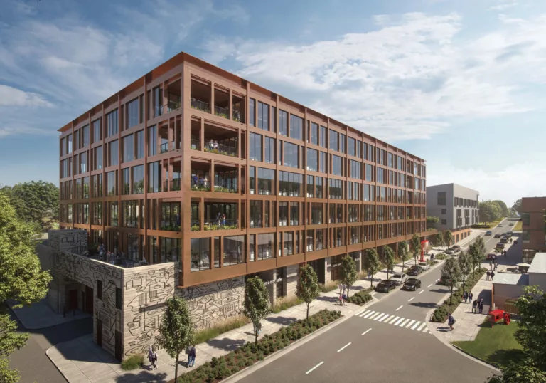 Exterior daylight rendering of The Finery's seven-story, heavy-timber office buildings