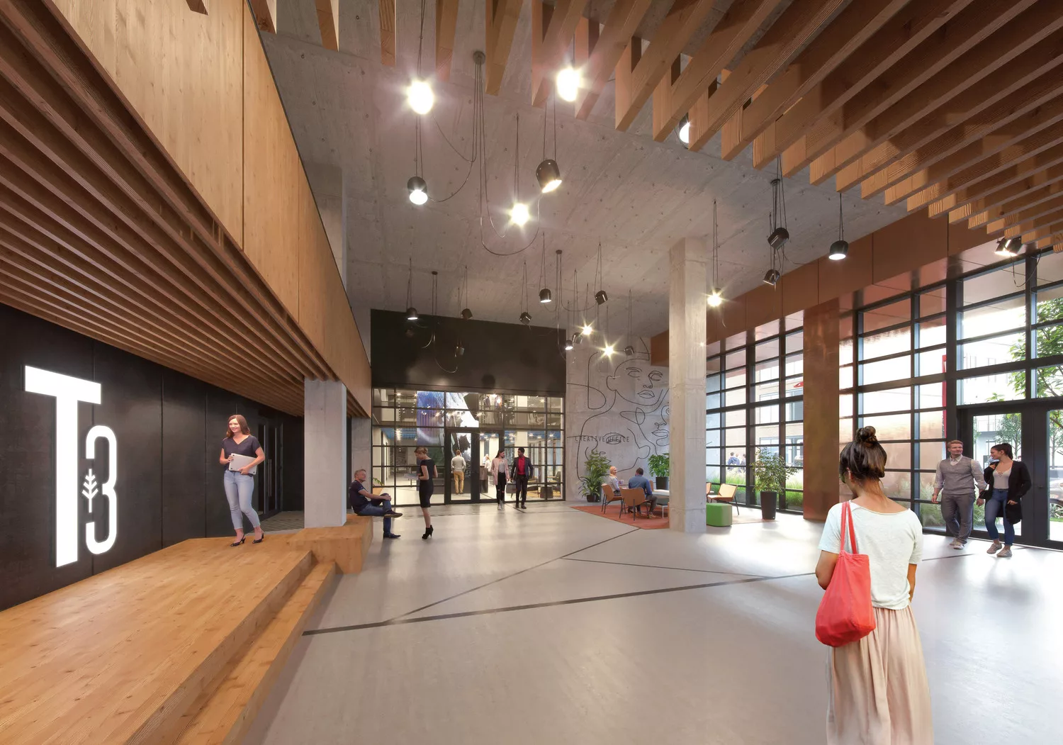 Interior daylight rendering of the lobby inside a seven-story, heavy-timber office building at The Finery