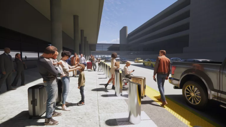 Daylight exterior rendering of steel bollards and ADA ramps at Sea-Tac International Airport's Arrivals level filled with passengers and vehicles, surrounded by a parking garage and pedestrian skybridge beyond