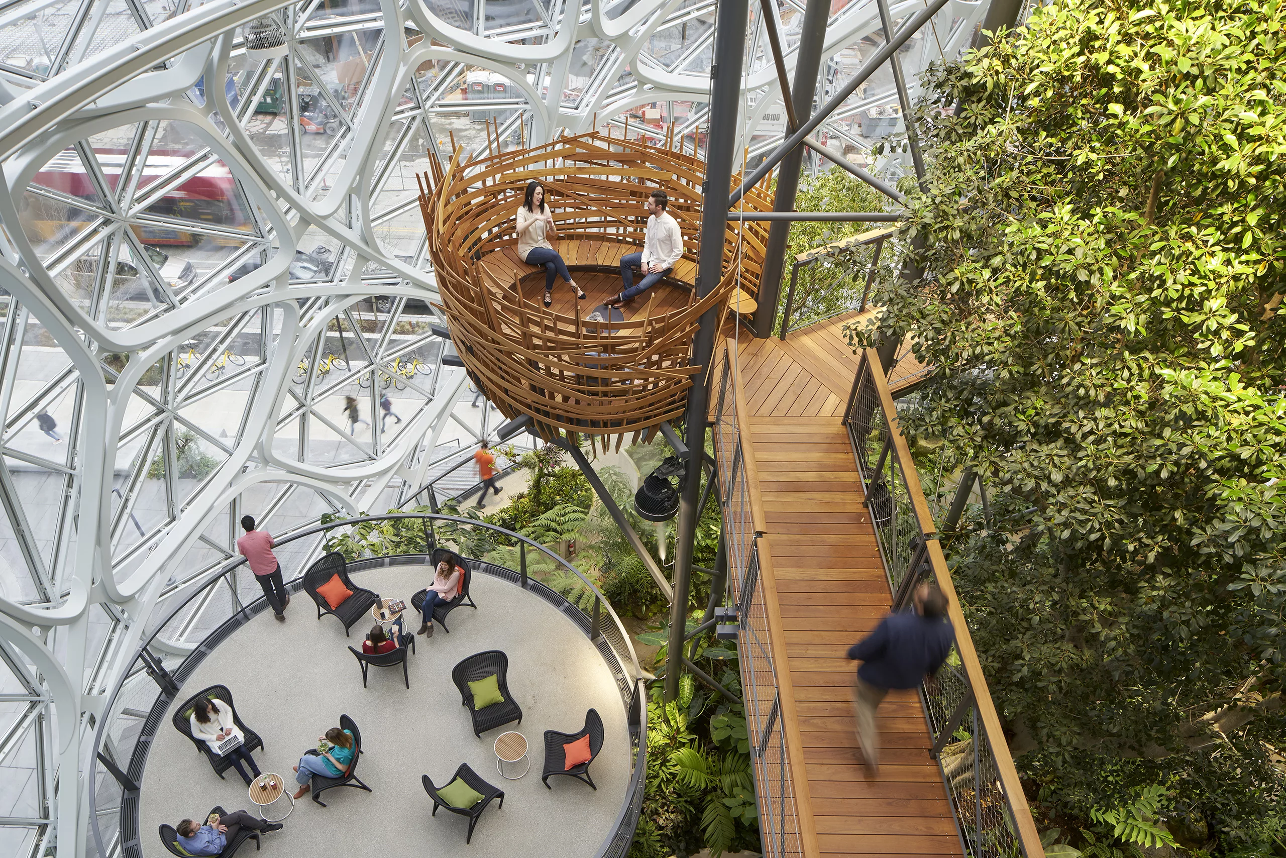Aerial view of the Amazon Spheres interior with visitors in the 