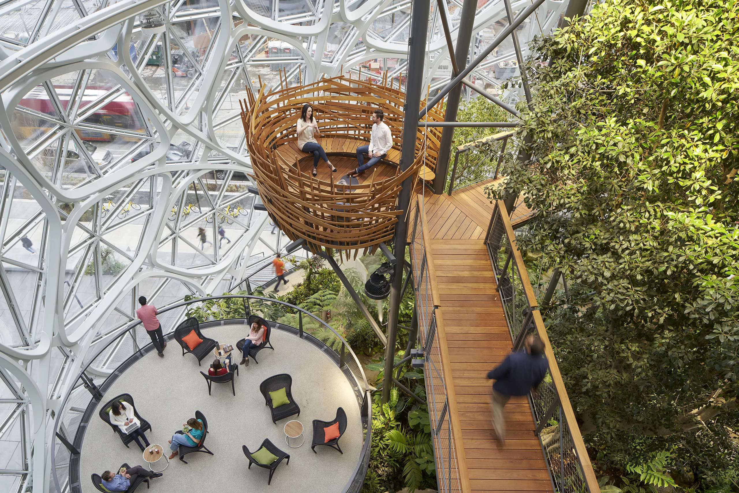 Aerial view of the Amazon Spheres interior with visitors in the