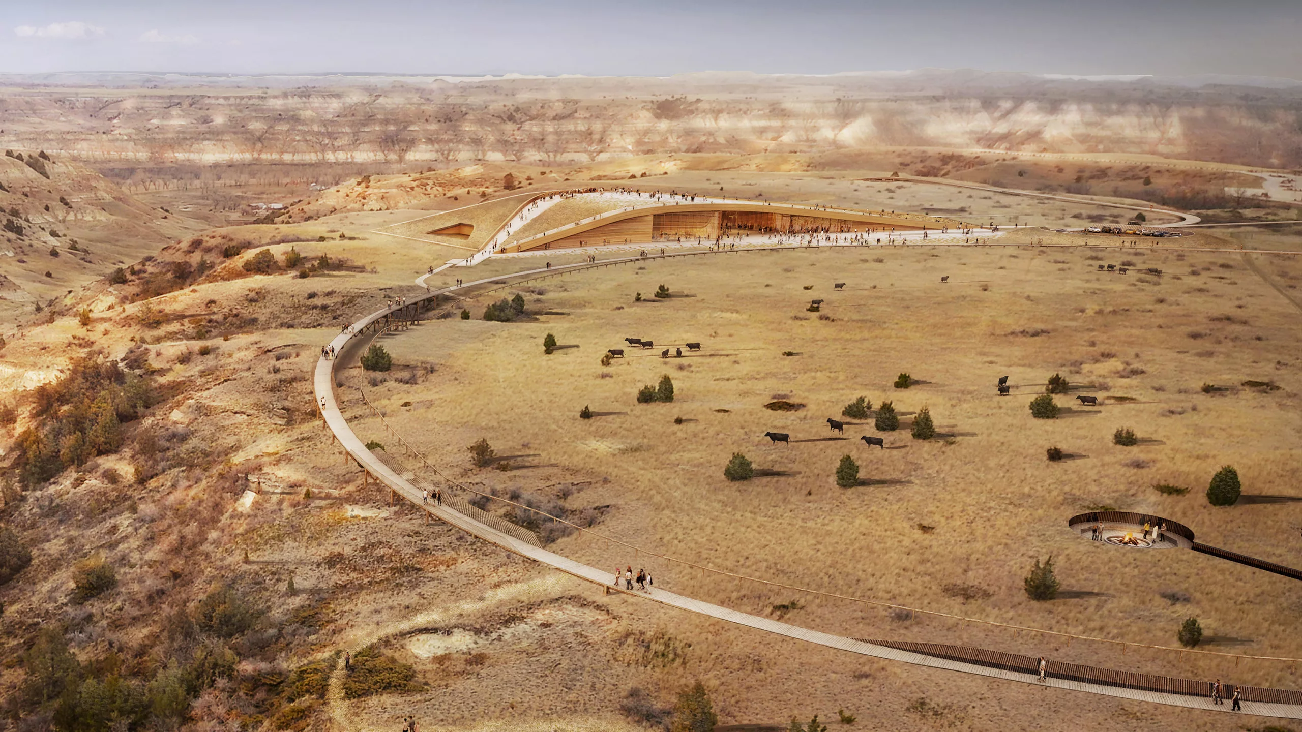 Aerial rendering of the Theodore Roosevelt Presidential Library in daylight with a pedestrian bridge and walkway surrounded by grasslands and distant buttes