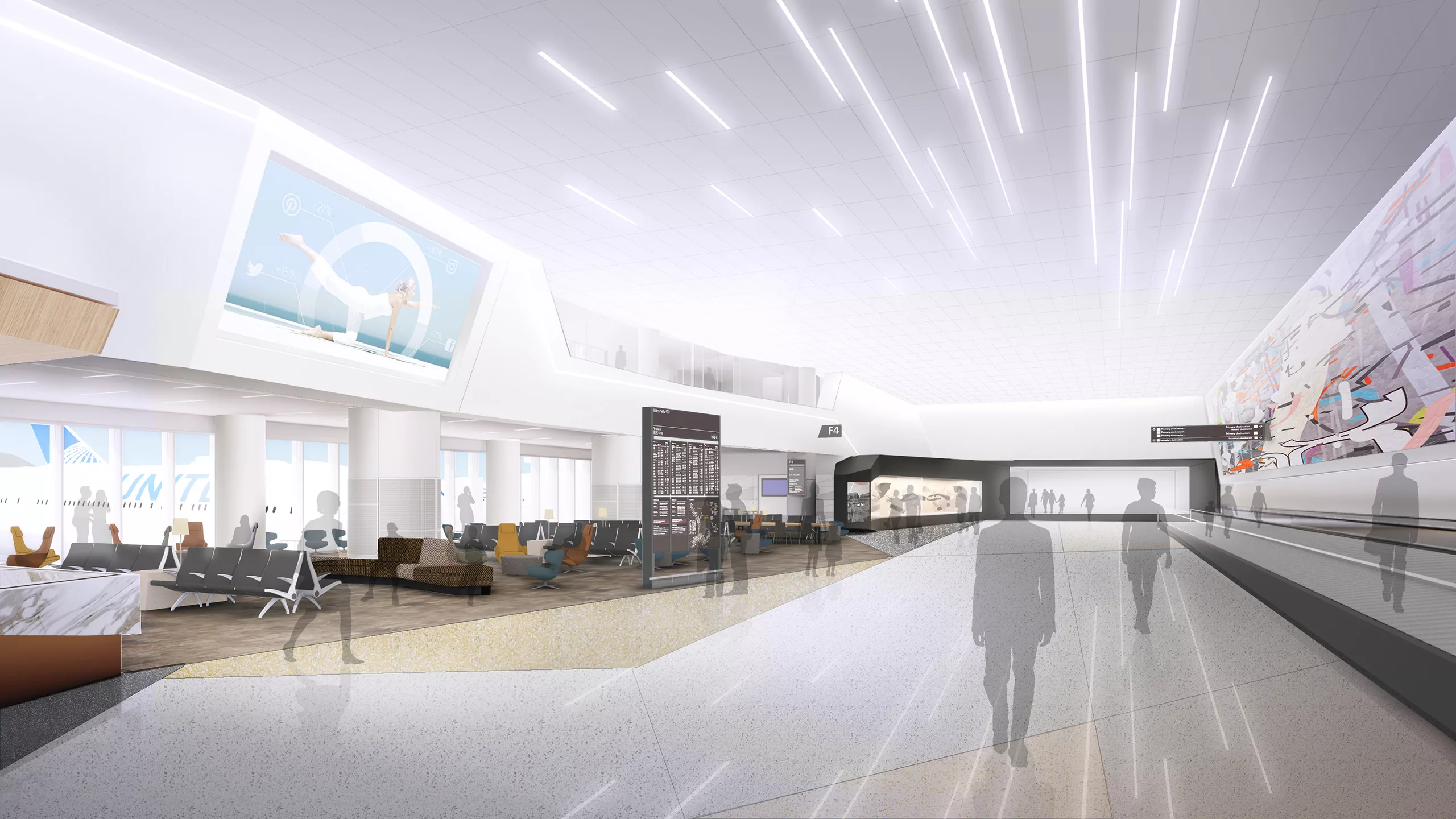 Interior rendering of a moving walkway inside San Francisco International Airport's modernized Terminal 3 West concourse