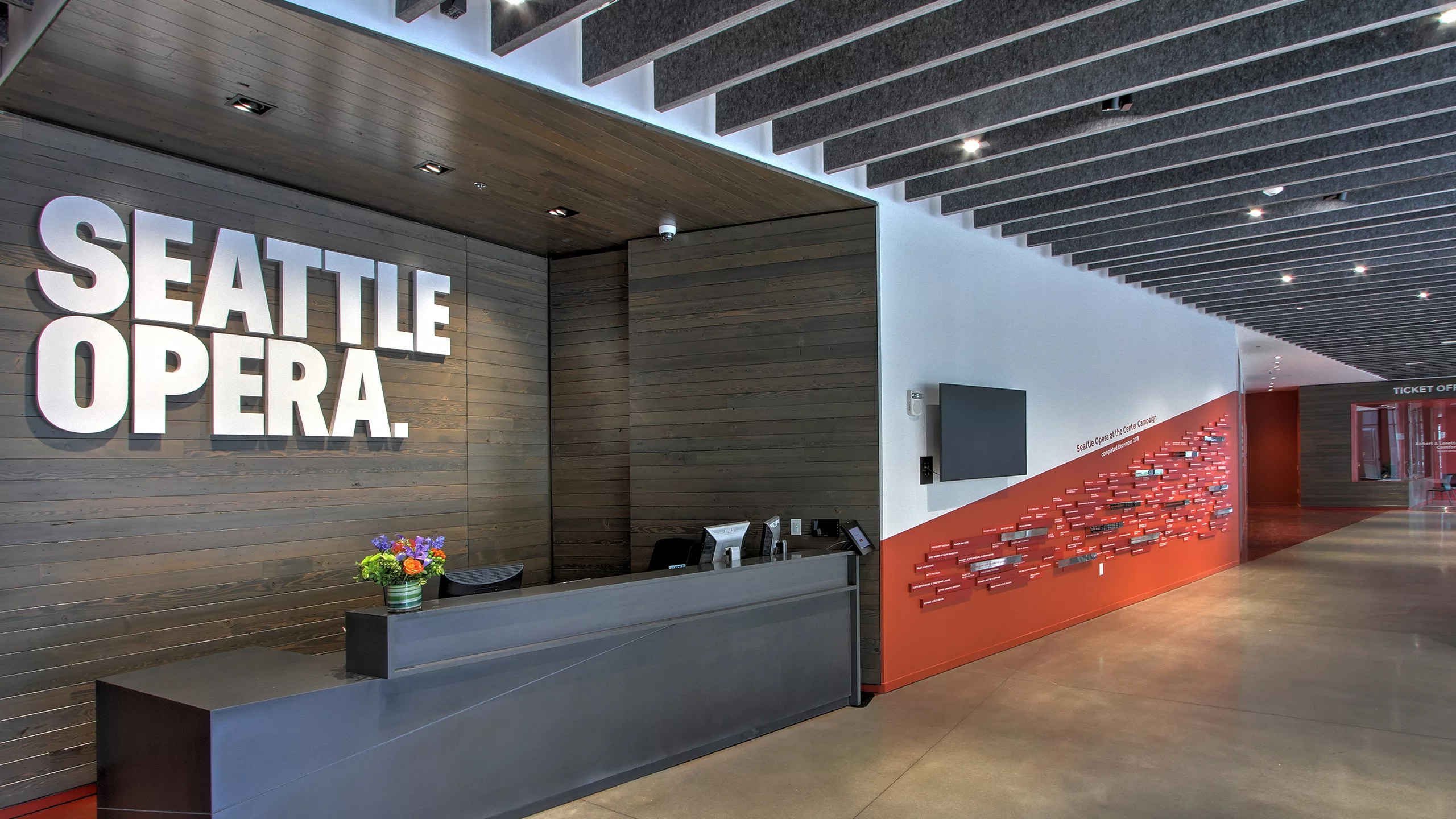 Interior view of the Seattle Opera Expansion's lobby and reception desk